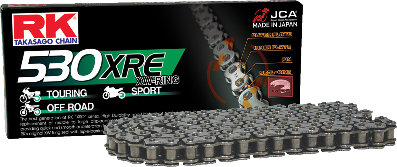 RK 530 XRE motorcycle drive chain with 116 links, designed for mid-size bikes, showing the black metal chain with link details.