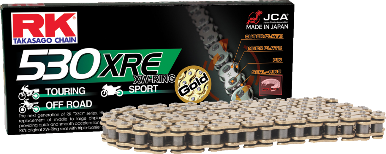 RK 530 XRE motorcycle drive chain with 150 gold links for mid-size bikes, showcasing durable, high-performance chain links.