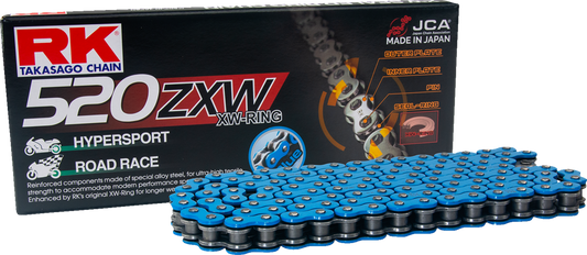 RK 520 ZXW drive chain with 170 links, blue high-speed heavy-duty motorcycle chain featuring rivet connecting link.