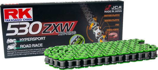 RK 530 ZXW drive chain with 170 links, high-performance green chain designed for extreme conditions and heavy-duty motorcycle use