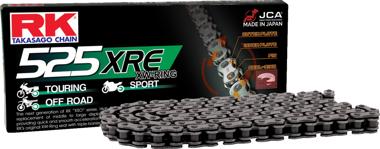 RK 525 XRE connecting link rivet for 525 XRE series drive chain, showing the metal rivet and chain link connection.