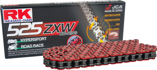 Red RK 525 ZXW connecting link with rivet, durable steel chain connector for industrial or mechanical applications.