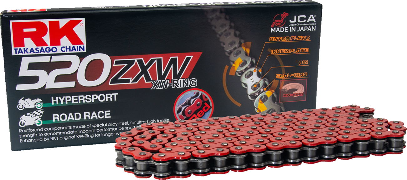 RK 520 ZXW connecting link with rivet in red, durable metal chain connector for industrial or motorcycle use.
