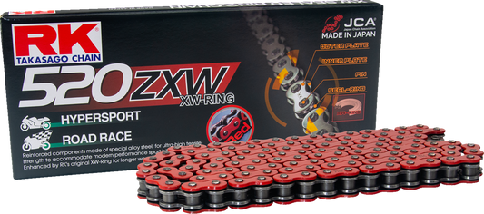 RK 520 ZXW connecting link with rivet in red, durable metal chain connector for industrial or motorcycle use.