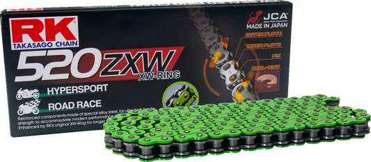 RK 520 ZXW motorcycle drive chain with 150 links and rivet connecting link, showcasing durable metal construction.