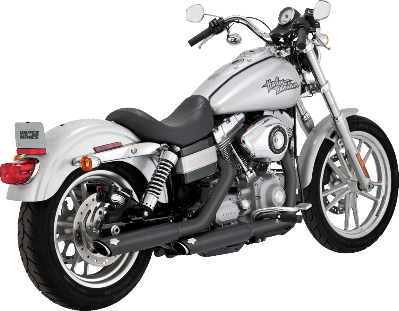 VANCE & HINES 3-inch twin slash slip-on muffler installed on a Harley-Davidson motorcycle, showcasing chrome finish and sleek design.