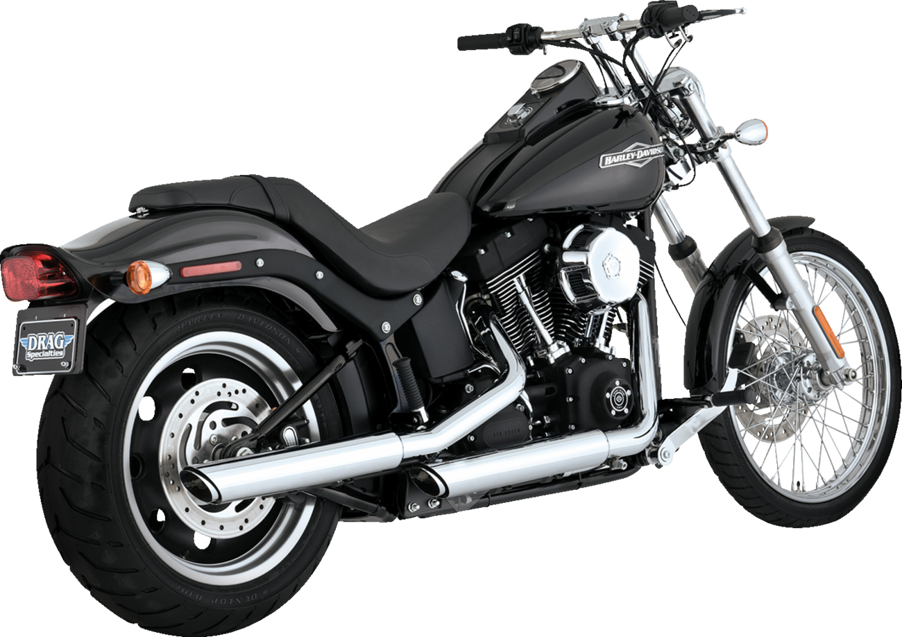 Chrome Vance & Hines 3-inch Twin Slash Slip-On Muffler for motorcycle, showing the shiny, dual-slash design.