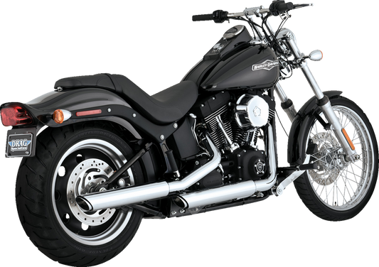 Chrome Vance & Hines 3-inch Twin Slash Slip-On Muffler for motorcycle, showing the shiny, dual-slash design.