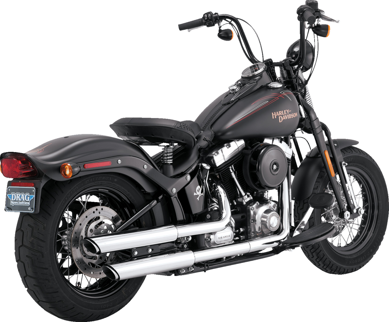 VANCE & HINES 16842 3-inch Twin Slash Slip-On Mufflers in chrome for motorcycle exhaust system.