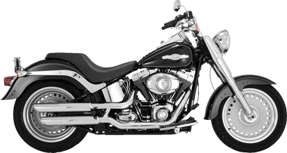 VANCE & HINES Twin Slash 3-Inch chrome slip-on mufflers for motorcycle exhaust system, shown from side view.