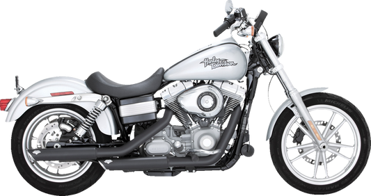 VANCE & HINES 46838 3-inch twin slash slip-on muffler installed on a Harley-Davidson motorcycle, showcasing chrome finish and design.