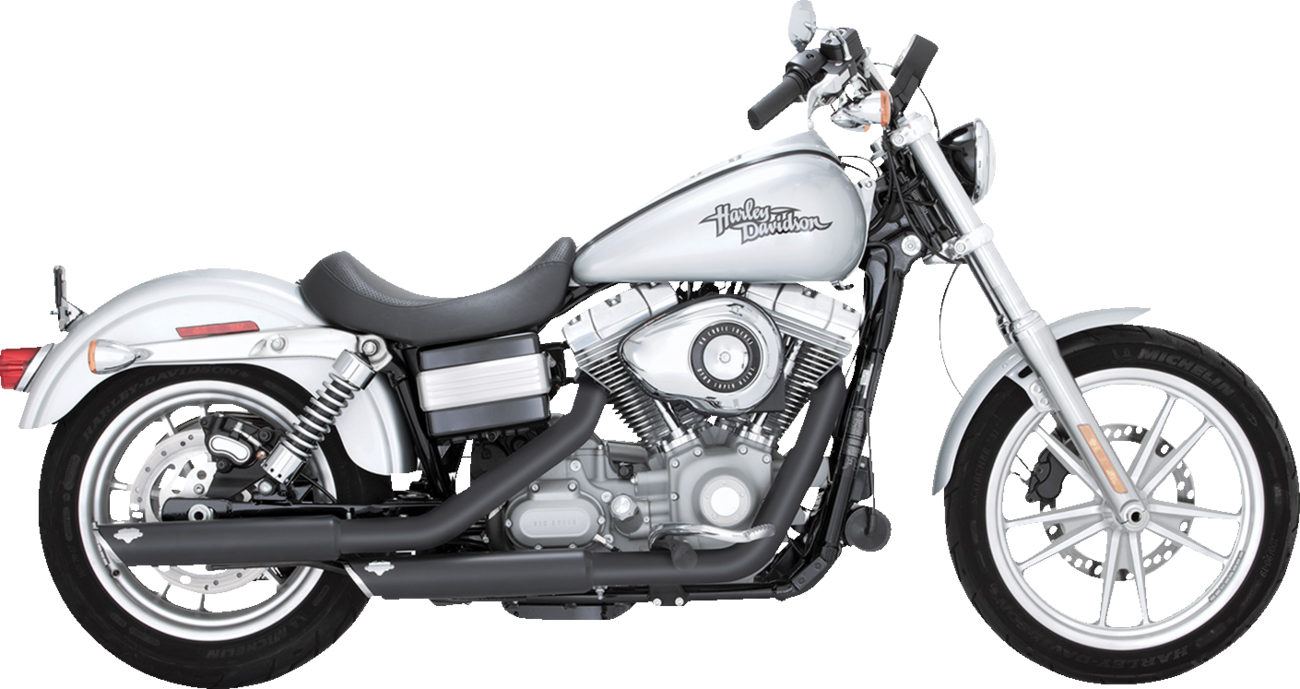 VANCE & HINES 46838 3-inch twin slash slip-on muffler installed on a Harley-Davidson motorcycle, showcasing chrome finish and design.