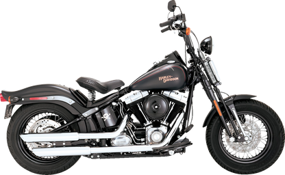 Chrome Vance & Hines 16842 3-inch Twin Slash slip-on mufflers installed on motorcycle exhaust system.