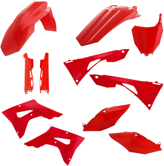 Acerbis full replacement body kit in vibrant red, designed for motorcycle customization, featuring sleek aerodynamic panels.