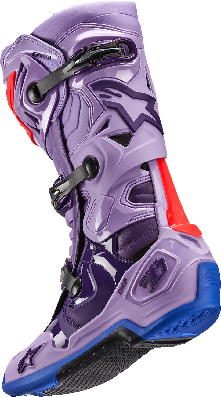 Alpinestars Tech 10 motorcycle boots in laser purple with black accents, US size 10, showcasing durable design and protective features.