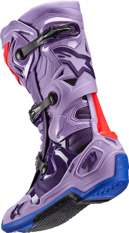 Alpinestars Tech 10 motorcycle boots in laser purple with black accents, US size 10, showcasing durable design and protective features.