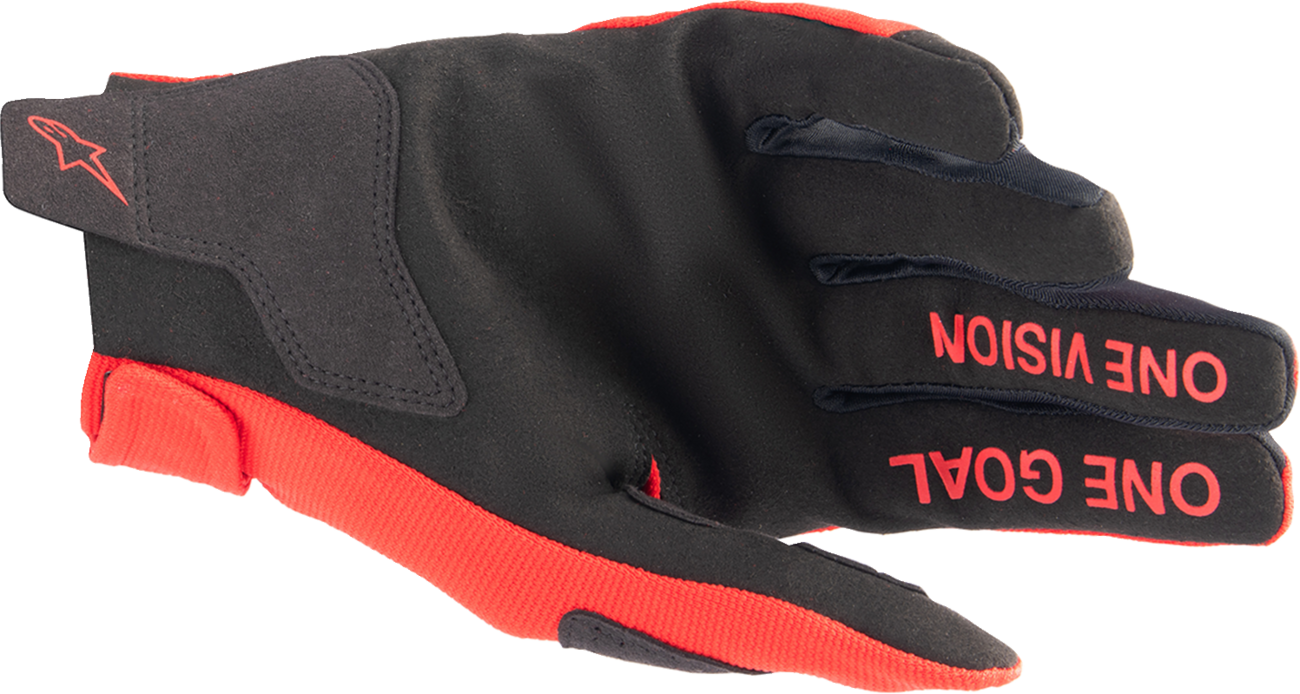 Alpinestars Youth Radar Gloves in Mars Red and Silver, large size, showing protective motorcycle gloves with branding details.