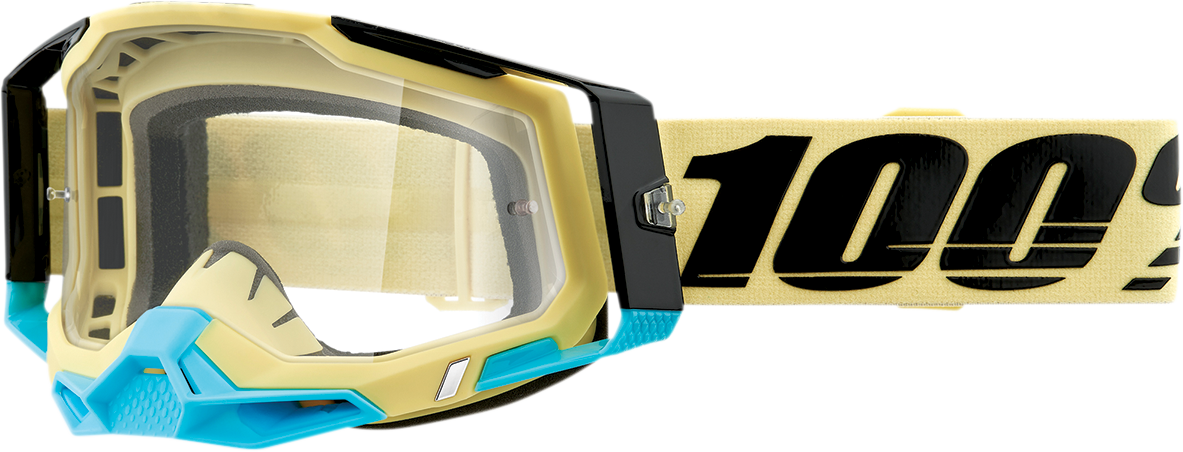 Clear 100% Racecraft 2 goggles with Airblast design by Bill's Exhausts, showing the lens and strap details.
