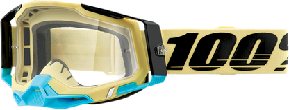Clear 100% Racecraft 2 goggles with Airblast design by Bill's Exhausts, showing the lens and strap details.
