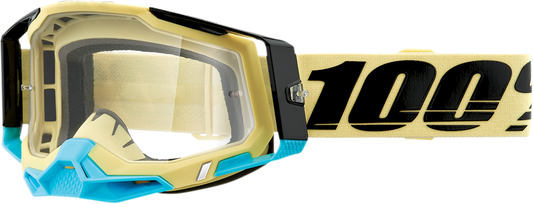 Clear 100% Racecraft 2 goggles with Airblast design by Bill's Exhausts, showing the lens and strap details.