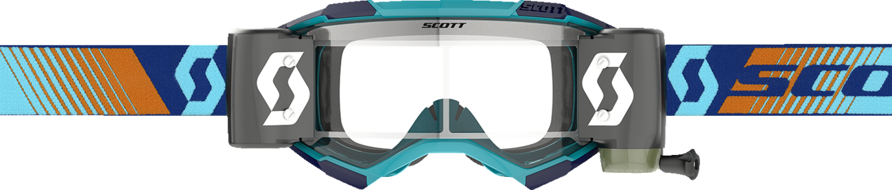 Scott Fury WFS goggles in royal blue and orange with clear lenses, designed for motocross or off-road riding.