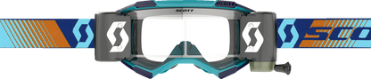 Scott Fury WFS goggles in royal blue and orange with clear lenses, designed for motocross or off-road riding.