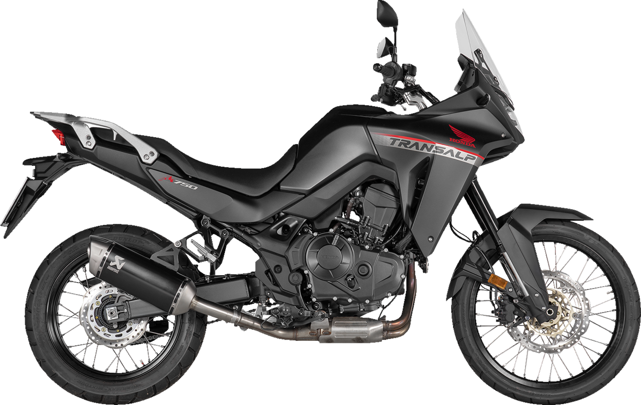 AKRAPOVIC slip-on titanium black muffler for Honda XL750 Transalp motorcycle, showcasing sleek exhaust design
