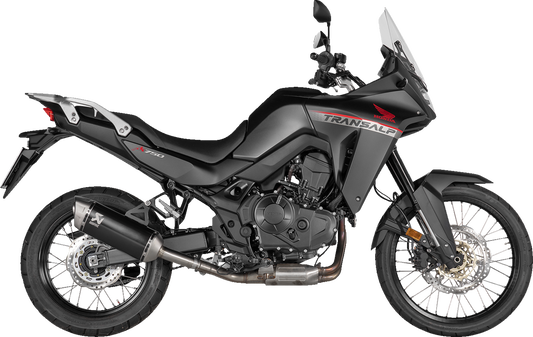 AKRAPOVIC slip-on titanium black muffler for Honda XL750 Transalp motorcycle, showcasing sleek exhaust design