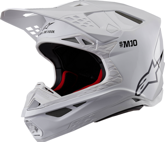 Alpinestars Supertech M10 helmet in solid white with MIPS protection, large size, racing motorcycle helmet with aerodynamic design.