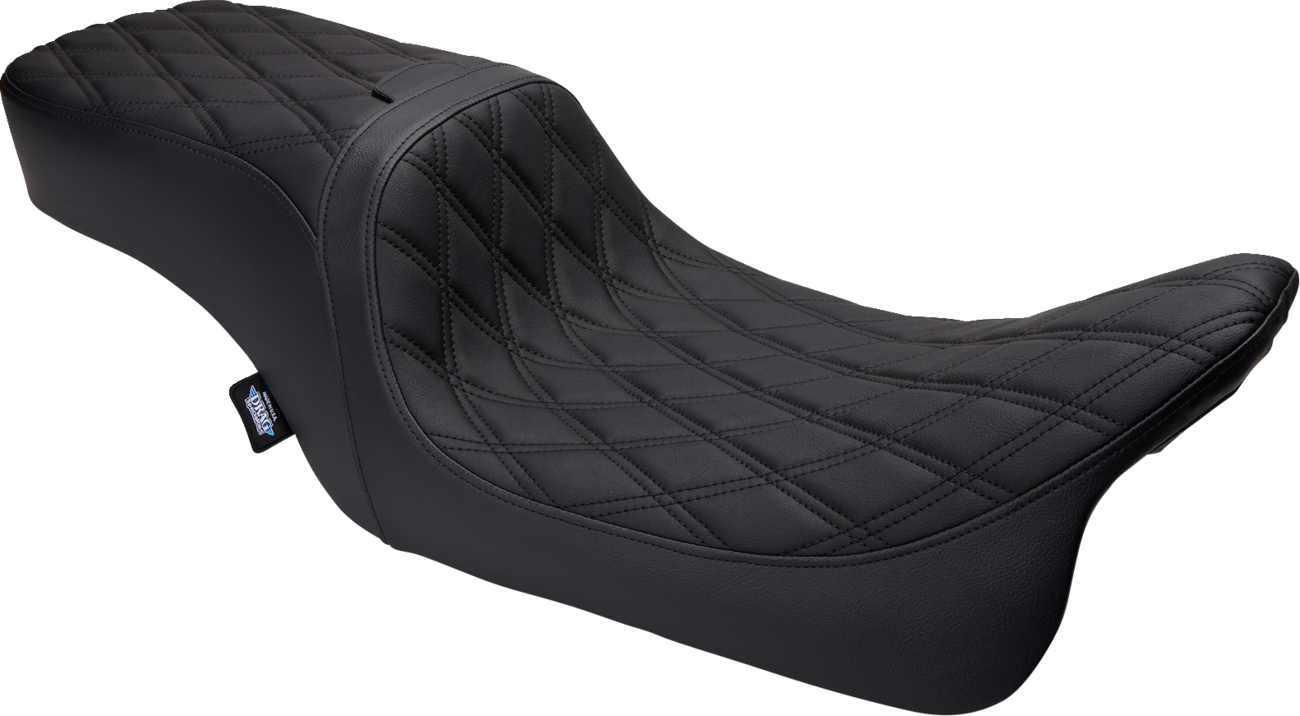 Drag Specialties Predator 2-up vinyl seat with double diamond pattern for Harley FLH/FLTR motorcycles, 2008-2023.