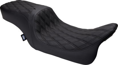 Drag Specialties Predator 2-up vinyl seat with double diamond pattern for Harley FLH/FLTR motorcycles, 2008-2023.