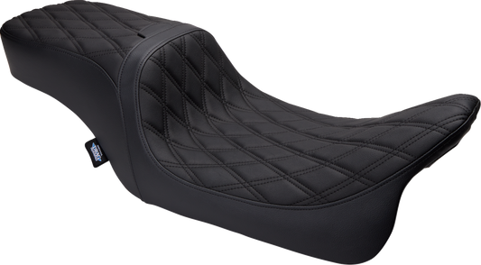 Drag Specialties Predator 2-up vinyl seat with double diamond pattern for Harley FLH/FLTR motorcycles, 2008-2023.