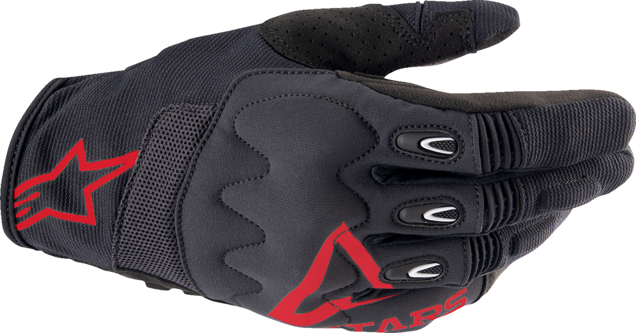 Alpinestars Techdura off-road gloves in Fire Red and Black, 2XL, showing durable construction and protective features.