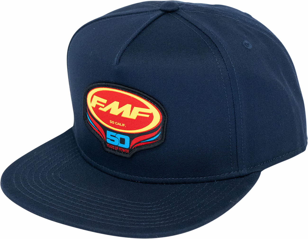 FMF Since '73 Navy 5-panel snapback hat with front patch, adjustable strap, and structured design.
