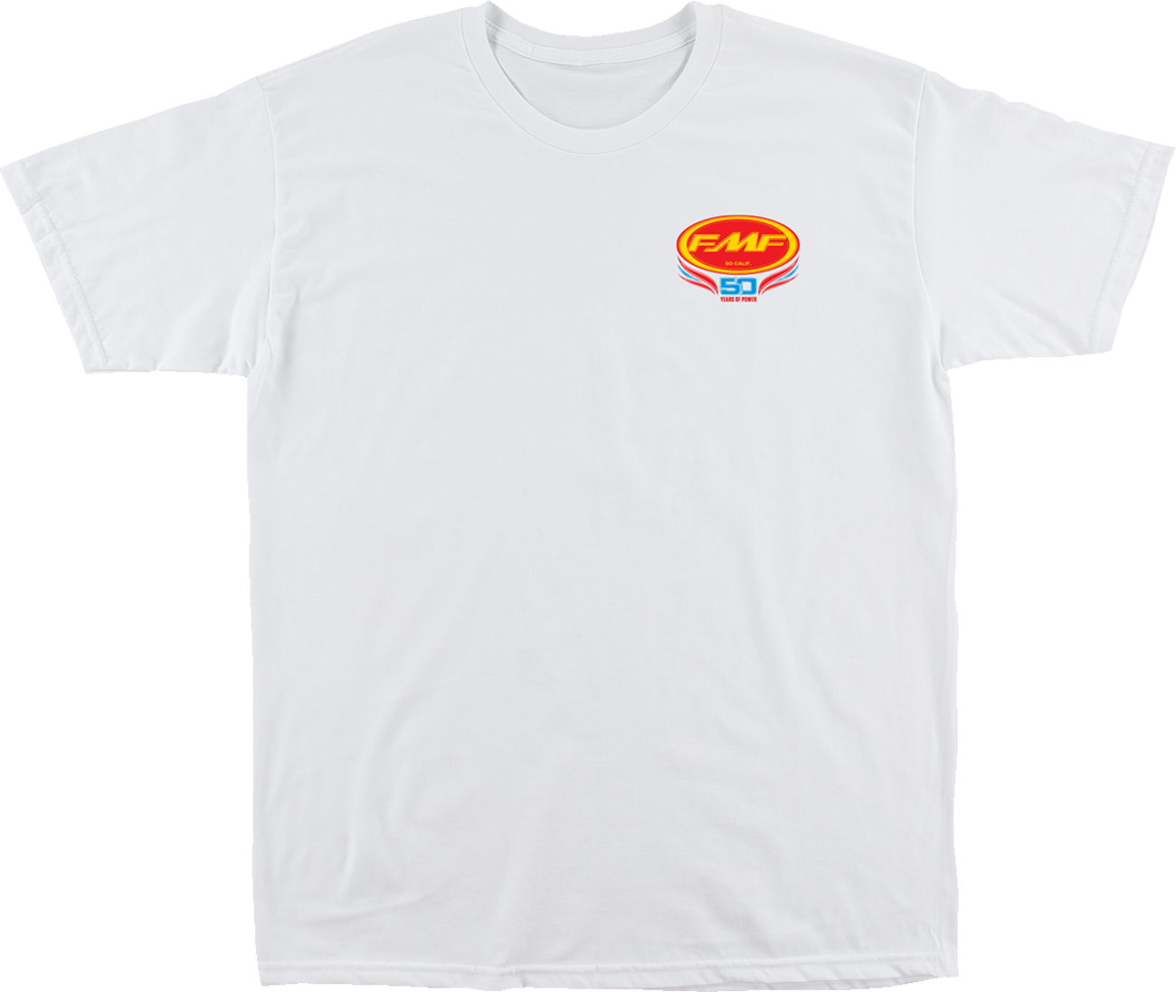 White FMF Since '73 T-shirt in small size, featuring the FMF logo and classic crew neck design.