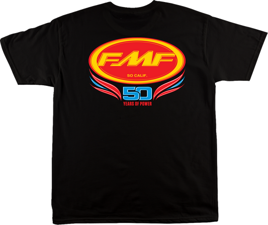 Black XL FMF Since '73 T-shirt with front and back graphic design, featuring bold logo and vintage-inspired style.