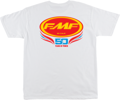 FMF Since '73 white T-shirt, medium size, with logo and vintage-inspired design, casual clothing for men.