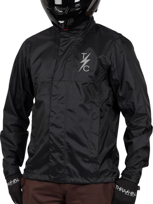 Black THRASHIN SUPPLY CO. Mission WP rain jacket in medium size, waterproof and lightweight for outdoor protection.