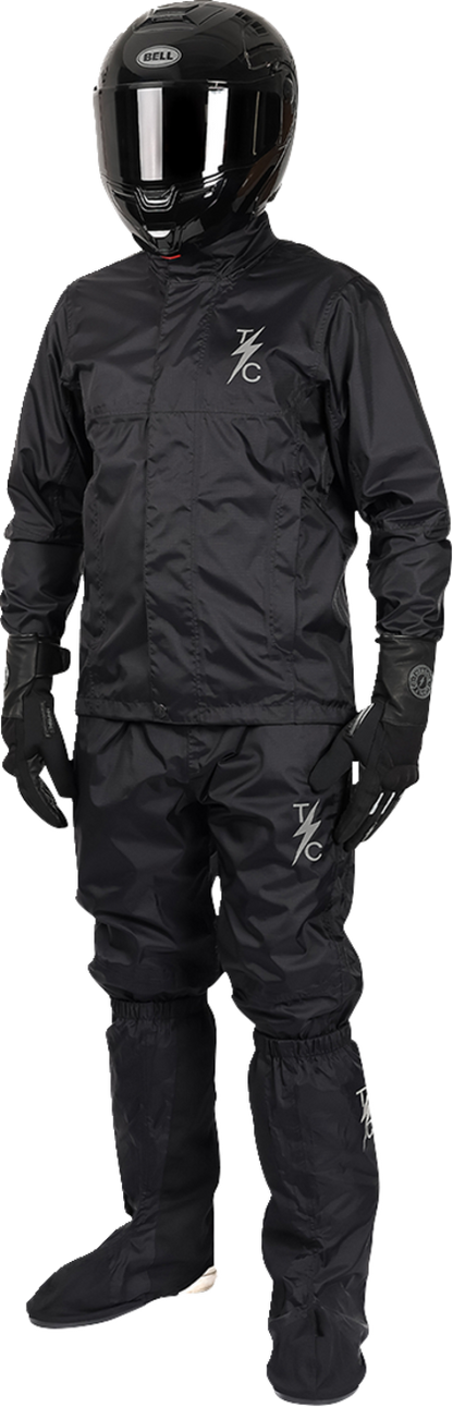 Black THRASHIN SUPPLY CO. Mission WP rain jacket in medium size, designed for waterproof protection and outdoor wear.