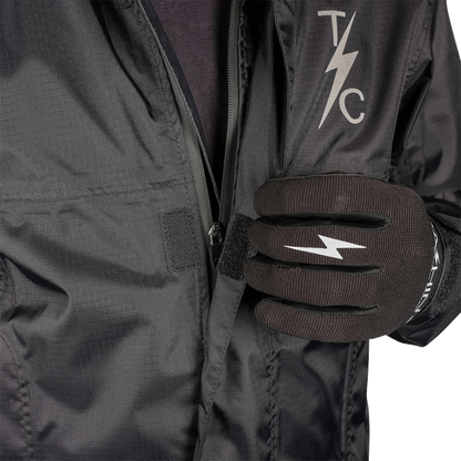 Black THRASHIN SUPPLY CO. Mission WP Rain Jacket in Medium, waterproof outdoor jacket with hood and lightweight design.