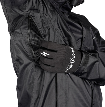 Black THRASHIN SUPPLY CO. Mission WP rain jacket in medium size, featuring waterproof material and a sleek design.