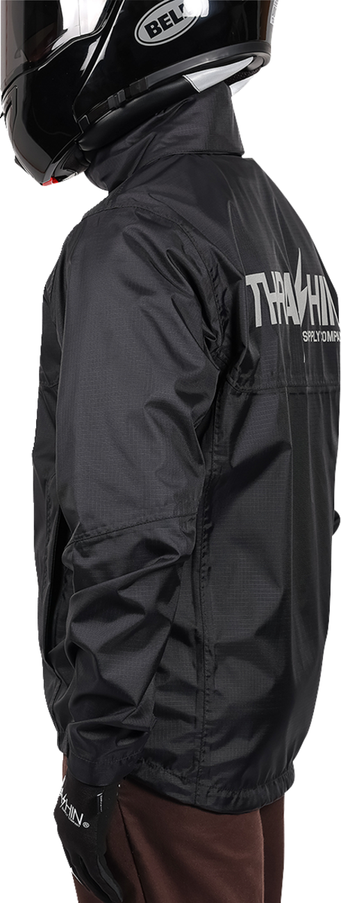 Black THRASHIN SUPPLY CO. Mission WP rain jacket in medium size, waterproof outdoor jacket with adjustable hood and front zipper.