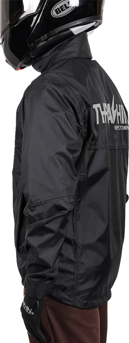 Black THRASHIN SUPPLY CO. Mission WP rain jacket in medium size, waterproof outdoor jacket with adjustable hood and front zipper.