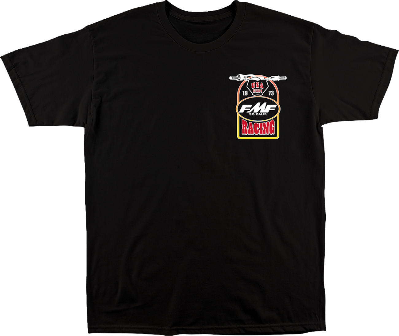 Black FMF Speedway T-Shirt in Medium, featuring the FMF logo and Speedway design, displayed on a flat lay.