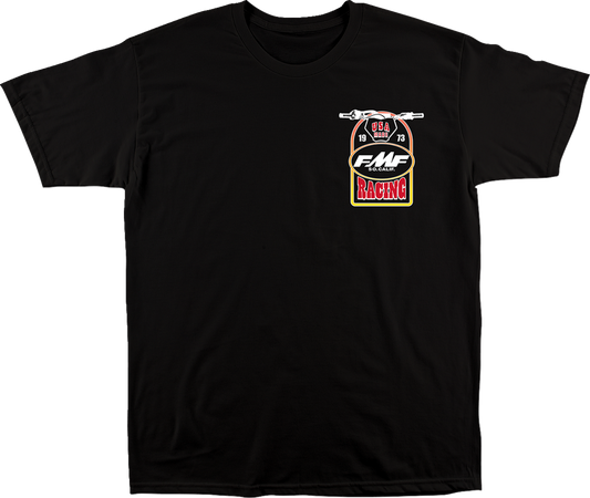 Black FMF Speedway T-Shirt in Medium, featuring the FMF logo and Speedway design, displayed on a flat lay.