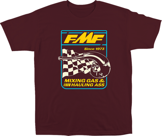 FMF Metalworks Maroon 2XL T-shirt made of soft spun cotton with plastisol print, featuring a comfortable fit and bold design.