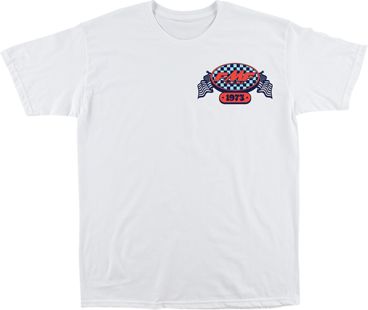 FMF Boardwalk T-Shirt in white, medium size, displayed flat with front view, showcasing casual crew neck design and clean fabric.