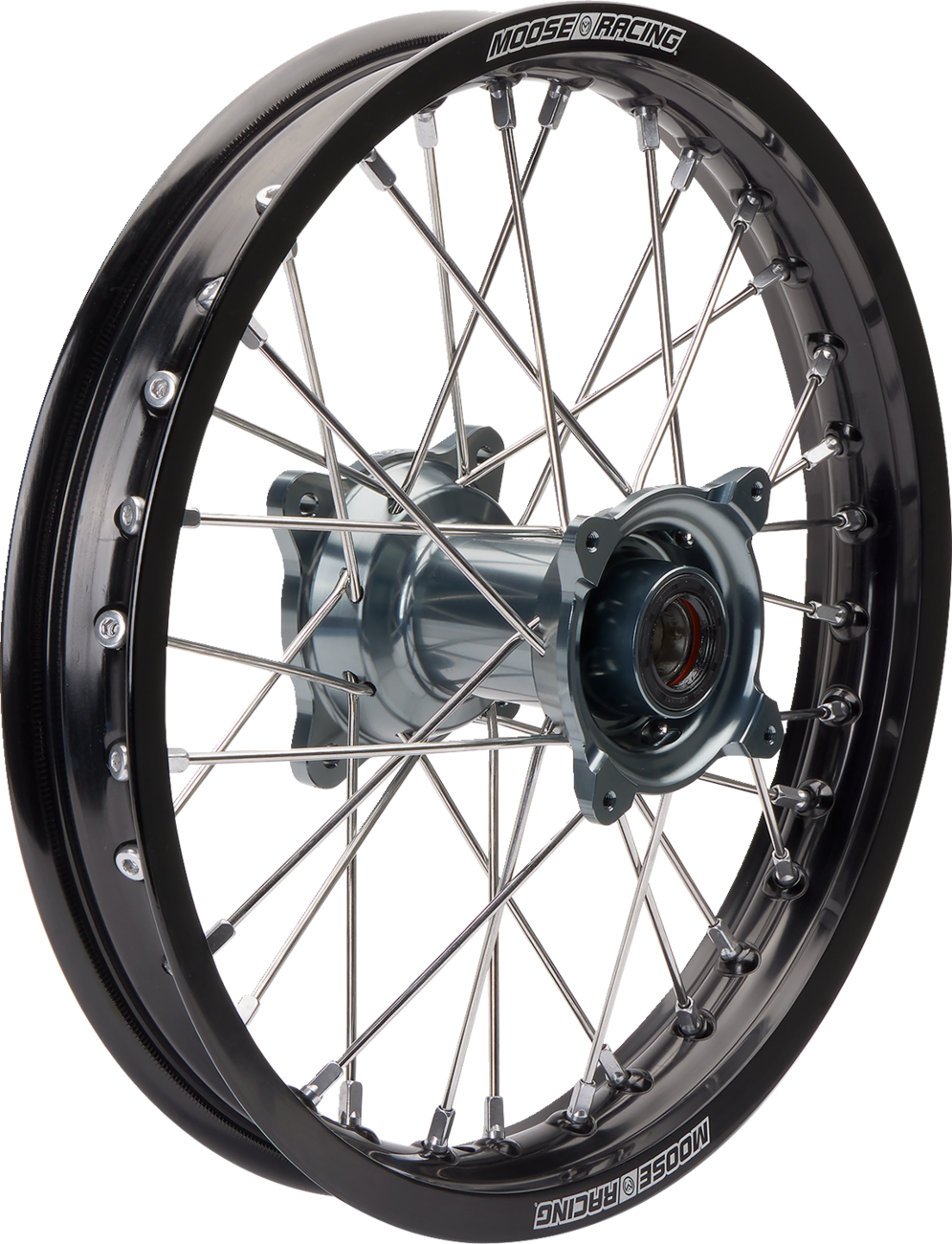 Moose Offroad MR-21519-BKGY SX-1 rear wheel assembly with black rim and gray hub for Gas Gas, KTM, and Husqvarna motorcycles.