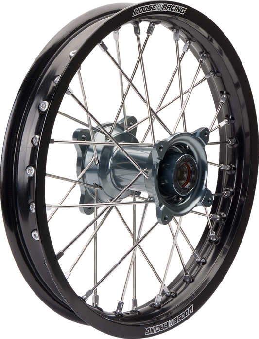 Moose Offroad MR-21519-BKGY SX-1 rear wheel assembly with black rim and gray hub for Gas Gas, KTM, and Husqvarna motorcycles.