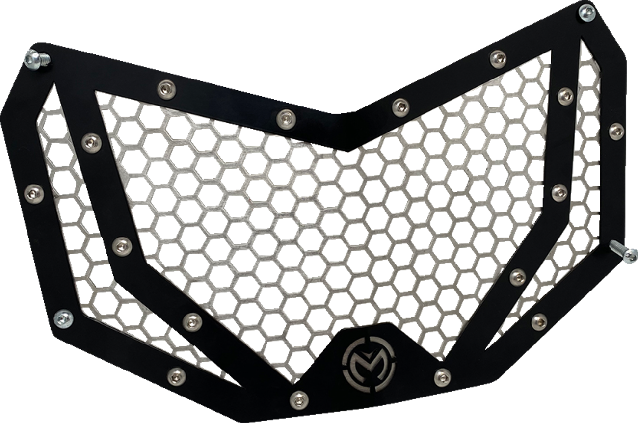 Moose Offroad front grille for Can-Am X3 side view, durable black metal with Moose Offroad branding, part #500-1072-PU.